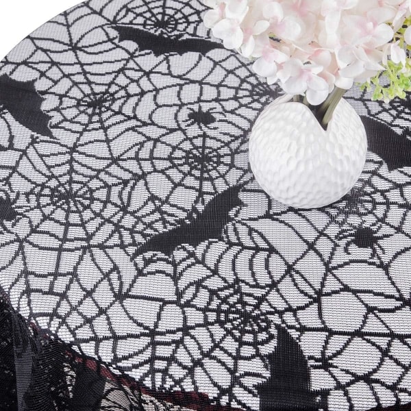 CDQ 69 tums polyester spetsduk | Rund sort spindelnät bordsduk bordsdekorationsduk for halloweenfester bordsdekorationer