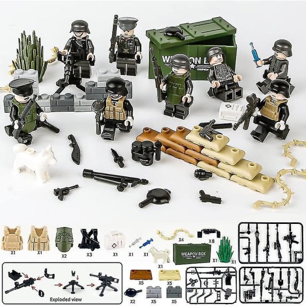 8 st Militära Minifigurer Bas WW2 Set + Vapen Kit Armé Vapen Soldater Leksaker