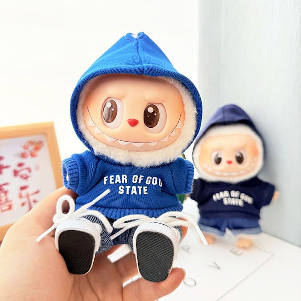 Vita flip-tygskor + kungsblå hoodie tvådelat set, (endast kläder) första och andra generationens nyckelring Labubu kläder hänge