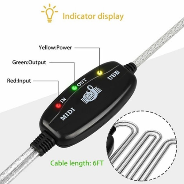 USB IN-OUT MIDI-kabelkonverter PC till musiktangentadapter Co Black One Size
