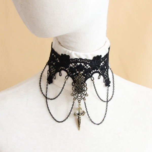 Elegantti ja Seksikäs Retro Gootti Punk Tyyli Kaulakoru Musta Pitsi Kaula Ketju Kaulus Statement Choker Victorian Steampunk Korut