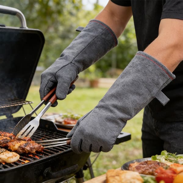 Varmebestandige svejsehandsker i læder, 350°C, tre-lags beskyttelse til grill, pejs og ovn, One Size, Sort/Grå