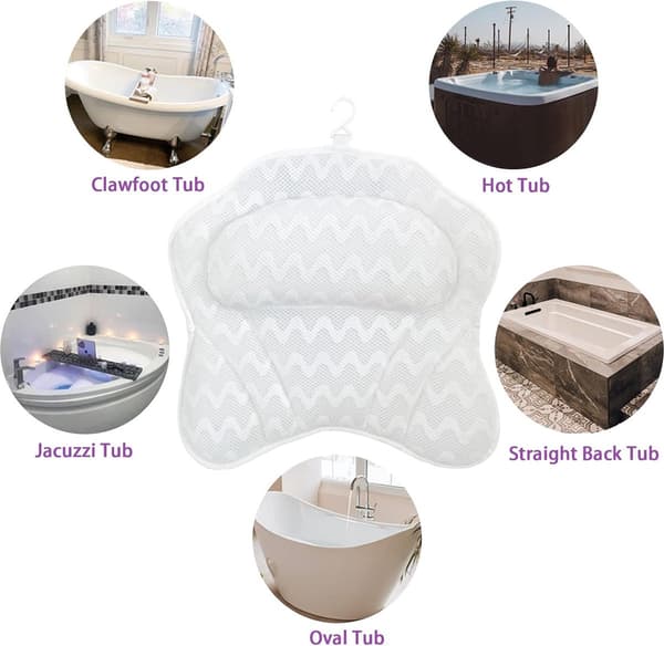 Bath Pillow/Neck Rest - 42x44 cm - White - With Non-Slip Suction Cups - For Bathtub, Jacuzzi, Spa - Comfortable Relaxation