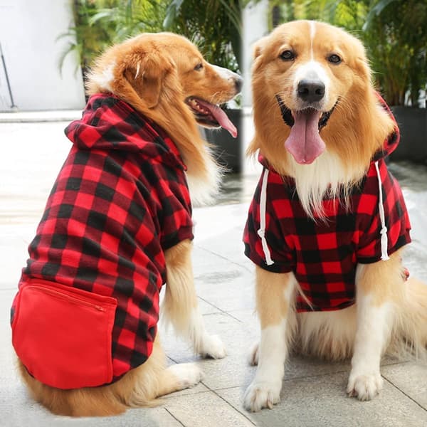 Hundehættetrøje med lynlås, varm bomuldsfleeceblanding, ternet hætte og lomme, til alle hunde, efterår/vinter, rød sort ternet, 3XL