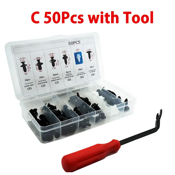 Auto Fastener Clip Blandet Bilkarosseri Push Retainer Pin Rivet Kofanger Dørbeklædning Panel Fastener Kit Bil Clips Box eller Pose emballage C 50Pcs with Tool