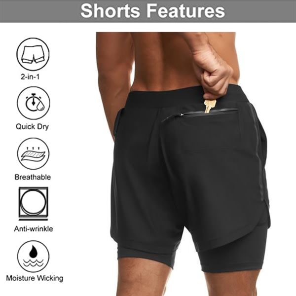 1 stk 2-i-1 treningsshorts for menn Korte bukser, svart, XL zdq