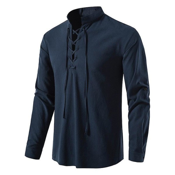 2048 Ny blus för män casual blus bomull linneskjorta Toppar långärmad t-tröja Höst lutande knappslå Vintage Navy 2XL zdq
