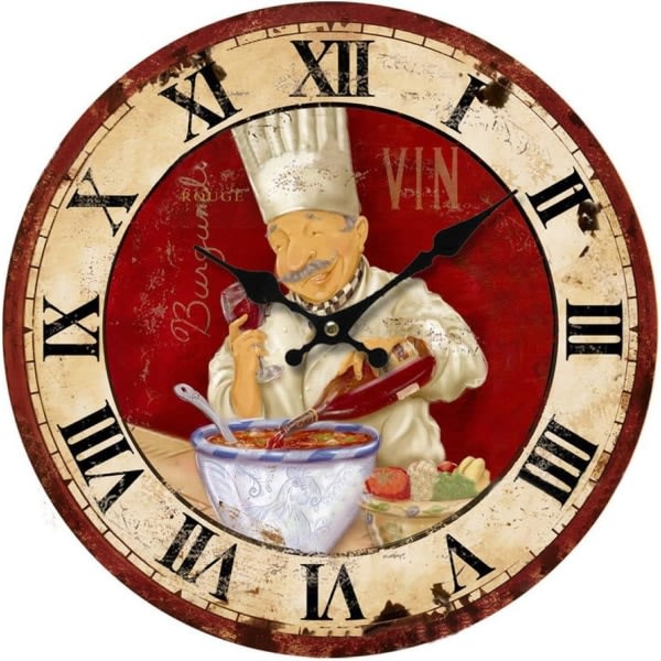 CDQ 16 tums vintage väggklocka Italiensk matlagningskock klocka Icke-tickande klocka Köks trä väggklocka