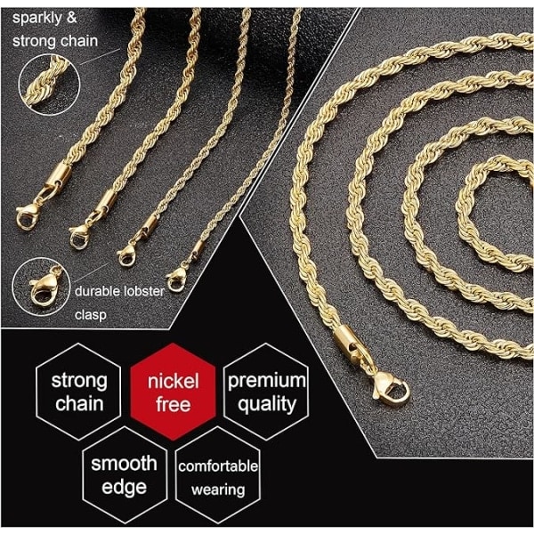 18k äkta guldpläterad repkjede 2,5 mm rostfritt stål Twist Chain halsband for män kvinnor 24 tum