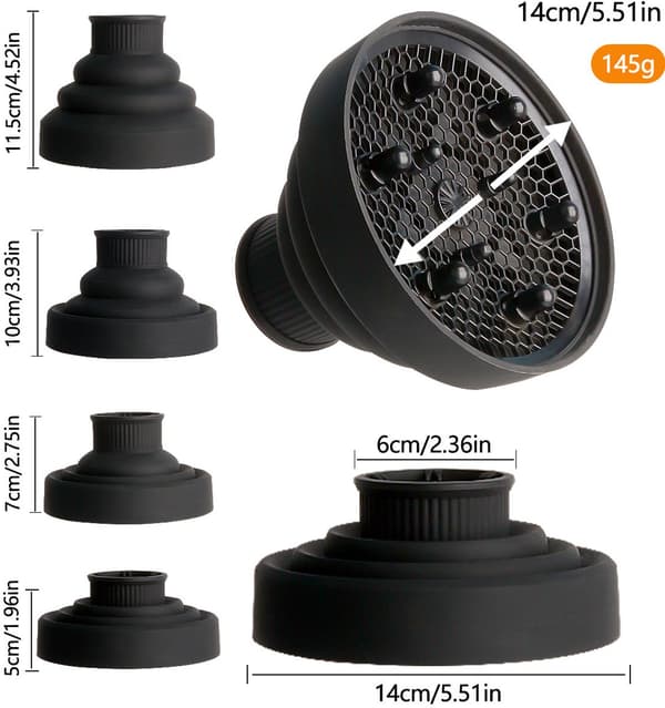 Hår diffuser - Sammenfoldeligt tilbehør til hårtørrer - til krøllet eller bølget hår - Rejse - 14 cm - Sort