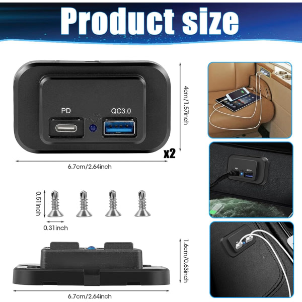 CDQ 2. dobbel USB-billaddaruttag 12V 4.8A med strømbryter, USB-panelkontroll Hurtigopplasting