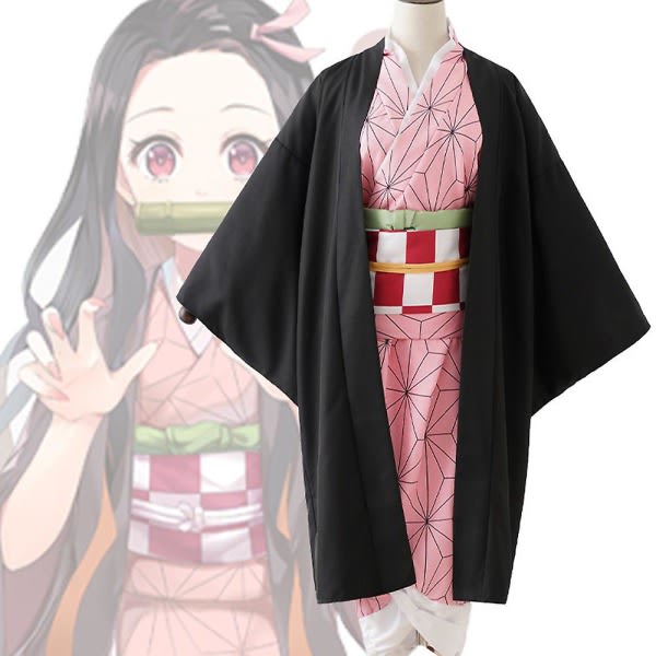 Demon Slayer Anime Kamado Nezuko Cosplay kostym Dam Kimono Outfits med bambu rekvisita Party Rollspel Kostym 3XL