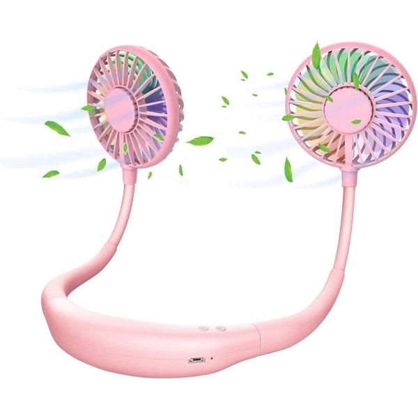 Opgraderet version bærebar halsfläkt, farveskiftende LED, med aromaterapi, 360° fri rotation og lavere lyd, kraftigt luftflöde Hörlursdesign (rosa)