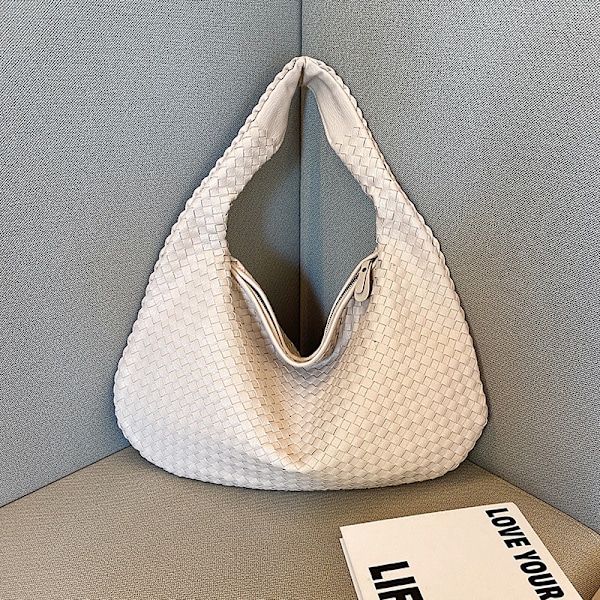 Stor fransk vävd väska, elegant och mångsidig axelväska för armhålan, mångsidig för damer black with white