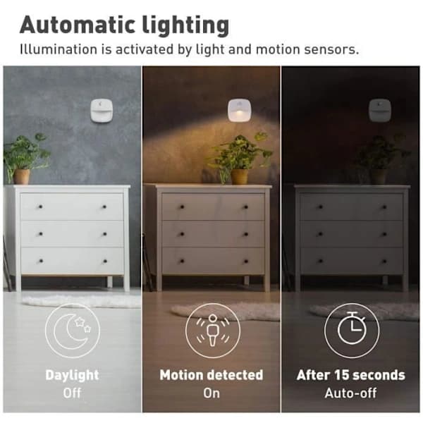 LED-väggnattlampa med rörelse- och ljussensor, ABS PC batteridriven för halltrappor sovrum, vit 3-pack