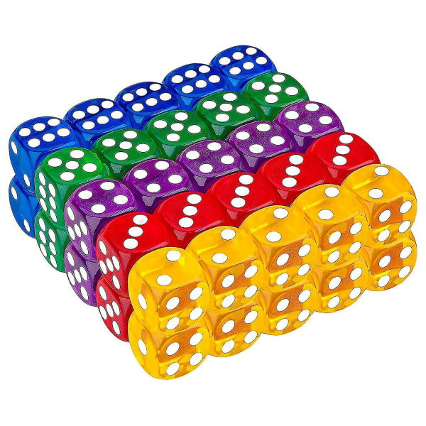 50-pack 14 mm genomskinlig och solid 6-sidig speltärning för brädspel, aktivitet, kasinotema, undervisning i matematik null none