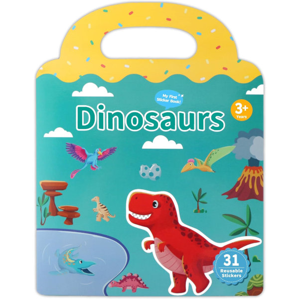 Återanvändbar klistermärkebok för småbarn, söta dinosaurierklistermärken för pojkar, flickor, roliga vattentäta geléklistermärken Upptagna böcker