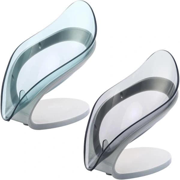 1-piece self-draining soap dish, blue and gray, suction cup soap dish, shower soap holder, leaf-shaped