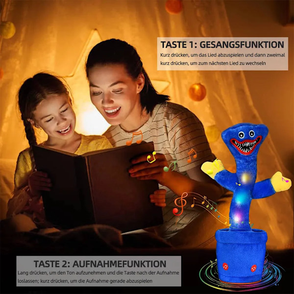 Talende kaktusplysj, dansende og syngende kaktus interaktiv baby leke med elektronisk taleopptak Huggy Wuggy (blå)