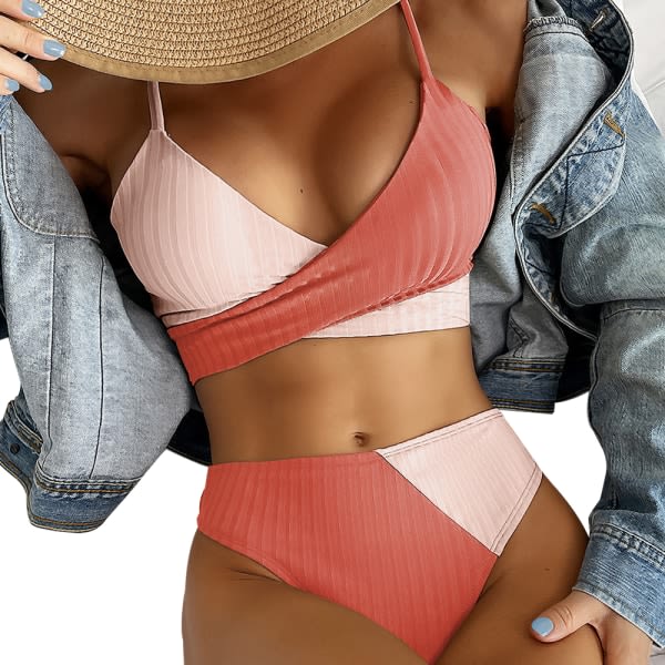 CDQ Kvinnor Sexig Wrap Bikini Swwimsuit Sett Cross-Cross Color Block