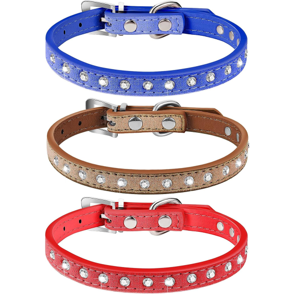 3 deler strass hundhalsband Kristalldiamanter Dubbade PU läder hundhalsband Justerbar Bling husdjursutseende (blå+ljus+rød) 37,1,5 cm CDQ