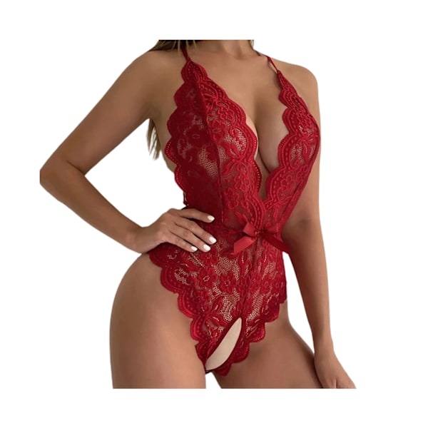 Sexy undertøy dame blonder sexy ryggløs sexy gjennomsiktig pyjamas i ett stykke - Rød