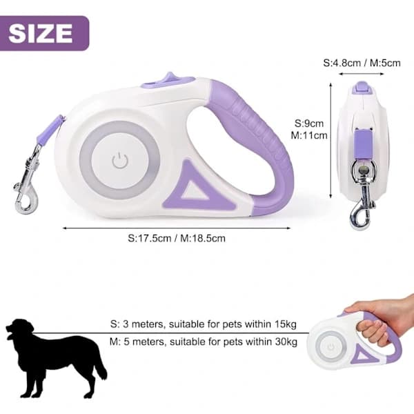 Retractable Dog Leash, One-Button Brake and Lock, Extendable Dog Leash with LED Flashlight (M, Rope Length 5m, Green)