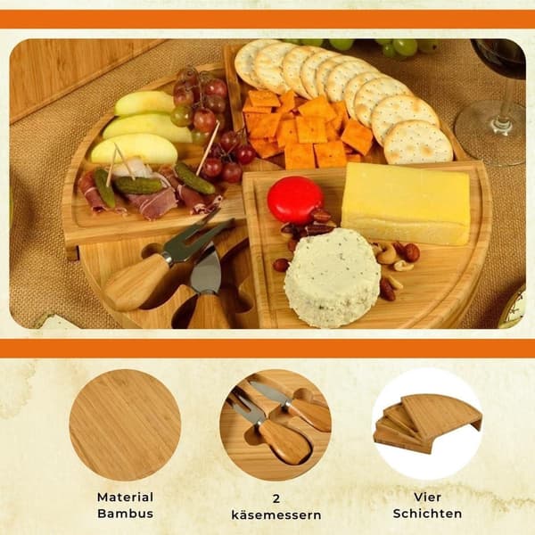 Ostbricka i bambu med 2 ostknivar i rostfritt stål, 4-vånings vikbar design för fester och picknick, 33 cm