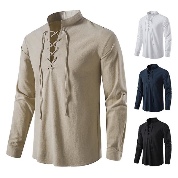 2058 Ny skjorte for menn casual skjorte bomull lin skjorte Topper langarmet t-skjorte Høst skrå knappslå Vintage khaki 3XL zdq