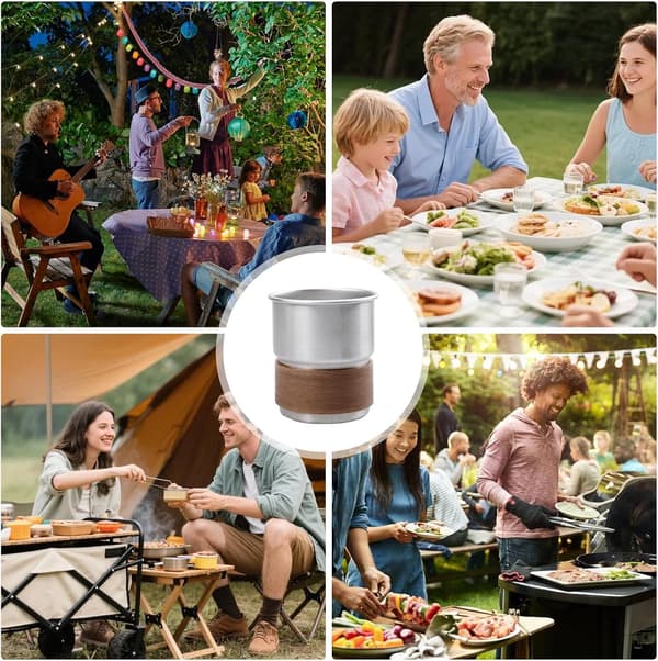 Campingkopper i rustfritt stål, sett med 6, 304 stål med trehylser, stablebare 300 ml kopper for piknik, reise og fester