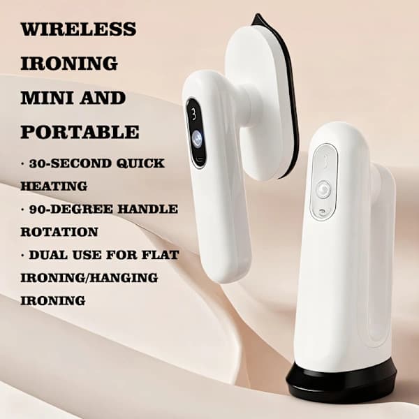 Cordless Handheld Mini Iron - Portable and Foldable Ironing System with 90° Rotating Soleplate and Lithium Battery (No Plug Required) White White