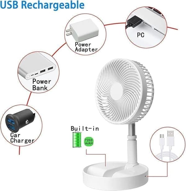 Sammenklappelig gulvventilator / bordventilator – justerbart design med 7200mAh batteri, trådløs og alsidig anvendelse_TF_TF