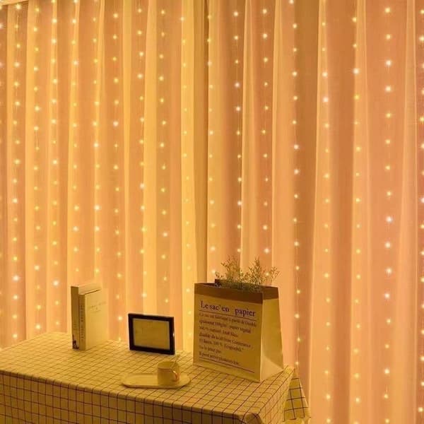 USB-drevne gardinlys LED – 8 moduser, solcellelading, vanntette festlys_TF_TF Gul 300 LED（3*3m）