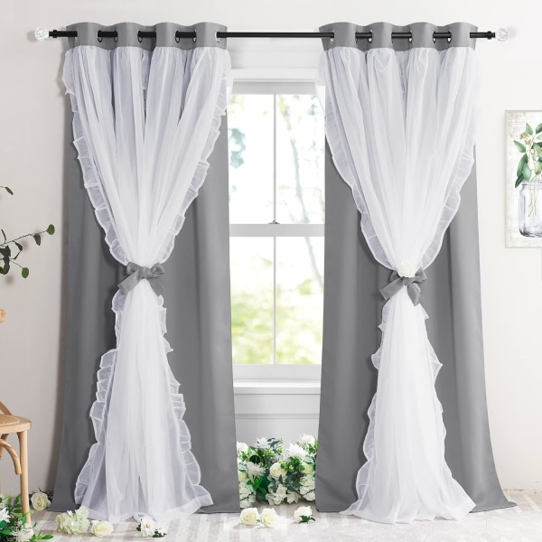 Sovrum dubbelveckad skirtäckt tejp Knytgardiner Topp, 132,08 cm B x 213,36 cm L, Silvergrå, Set med 2