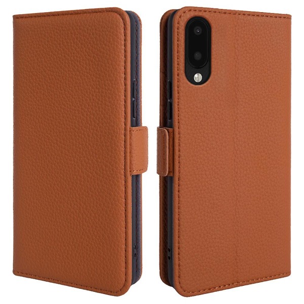 Cover för Samsung Galaxy A02 / M02 Litchi Texture Plånbok äkta kohudsläder+tpu phone case Ljusbrun