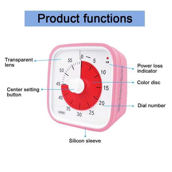 Visuell nedräkningstimer, överdimensionerad visuell timer för klassrum för barn och vuxna, hållbar mekanisk kökstimer Klocka-rosa