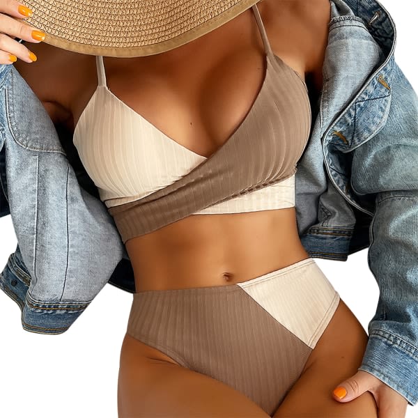 CDQ Kvinnor Sexig Wrap Bikini Swwimsuit Sets Cross-Cross Color Block