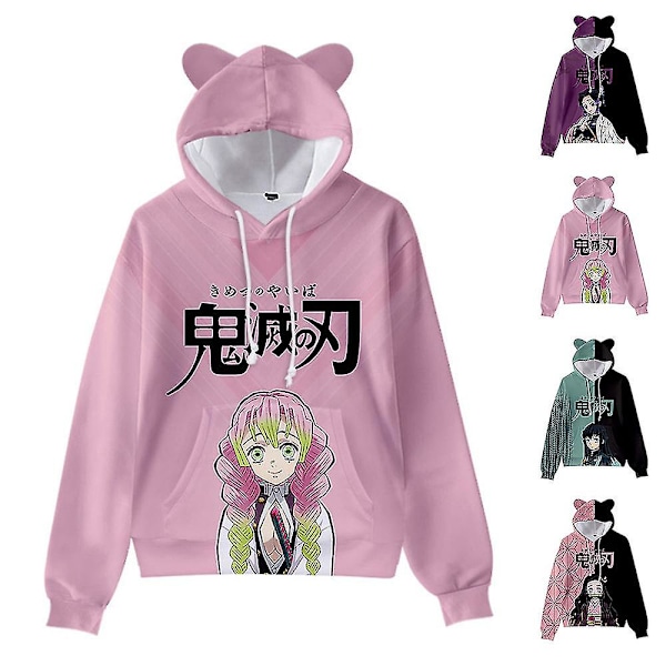 Unisex Demon Slayer trykte hættetrøje Casual Pullover Katteører Hættetrøje Toppar Pink M Pink M