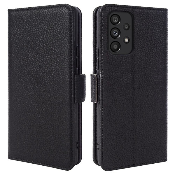 För Samsung Galaxy A73 5g Litchi Texture Äkta Kohud Läder+tpu Stativ Plånbok Magnetisk phone case Svart