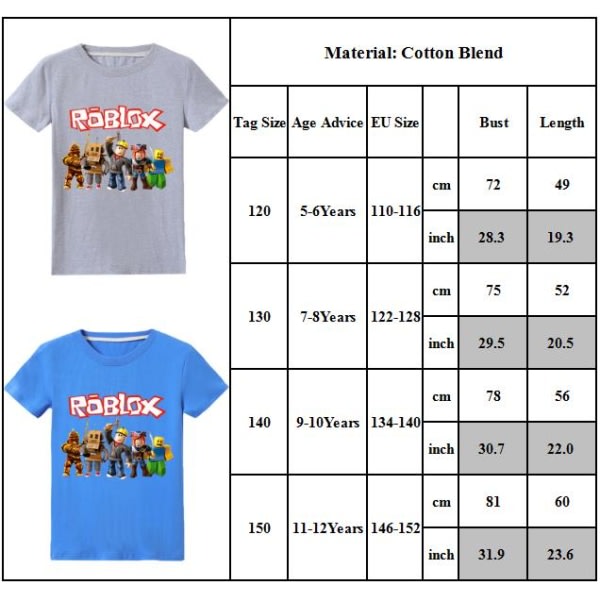 ROBLOX Piirretty Hahmo Printti Lasten Poikien Lyhythihainen T-paita Harmaa 120cm