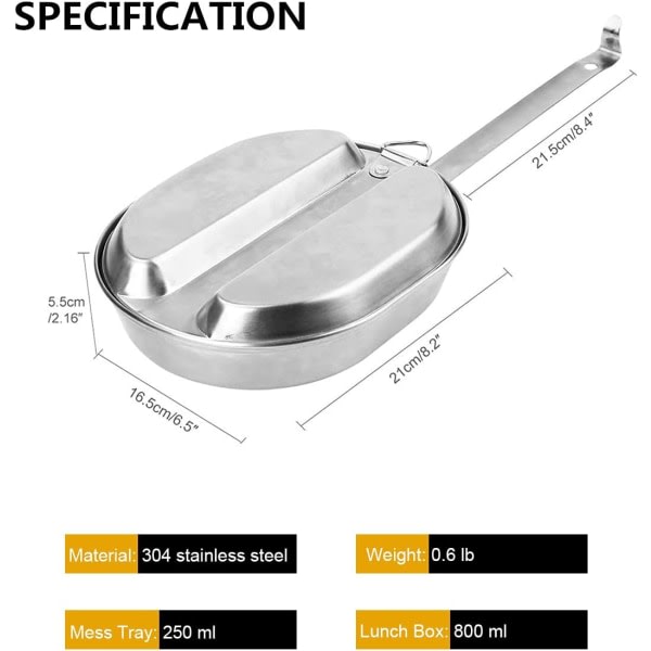 Militært messsett i rustfritt stål, brett og stekepanne Bærbart sett