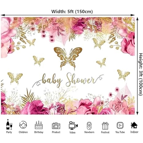 5x3ft Fairy Gold Butterfly Baby Shower Bakgrund Flickor Baby Shower Party Dekorationer Banner för Prinsessan Rosa Lila Blomma Guld Butterfly