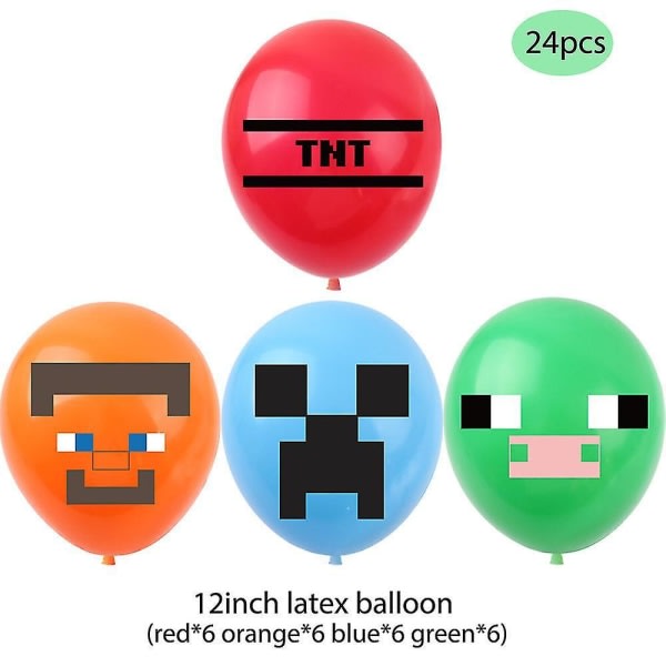 Minecraft Festtillbehör Kit Ballonger Banner Cake Toppers Dekorationer Set