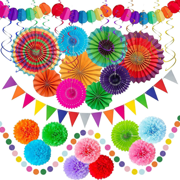 Fiesta festdekorationer - 33. farveglada hængende papirfläktar, papir Pom Poms, vimler, kranssnöre og banderoll for Fiesta