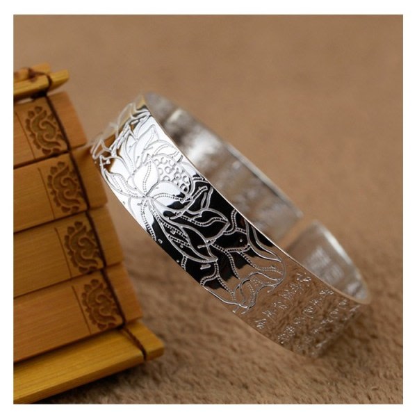 Silver färg vintage elegant lotus blomma manschett armband thailändskt silver religiöst smycken för kvinnor zdq