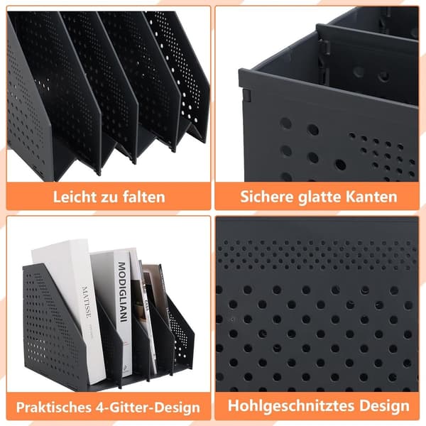 Magazine Rack with 4 Compartments - A4 - 330x255x243 mm - Dark Grey Plastic - Foldable - For Newspapers, Magazines, Documents