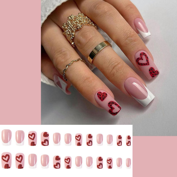 24ST Press på naglar - Vita franska fyrkantiga lösnaglar med röd kärlek - Cover akryl lösnaglar med lim - falska naglar fastnar på naglar