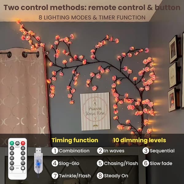 String lights, USB LED Flower Garland 1.6 m – 72 warm white lights, with remote control - IP44 waterproof