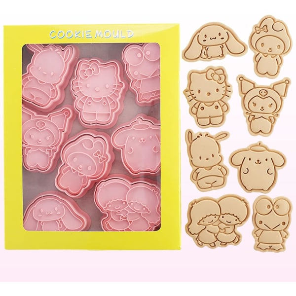 8 st små söta tecknade kakskärare, 3D upphöjda pepparkaksstämplar, formar lämpliga för frosting, formar
