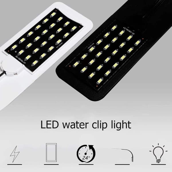 10W LED Akvarielys, Slank Clip-On Akvarielampe med 24 Hvide LED'er, Passer til Kantløse og de fleste Akvarier, Sort